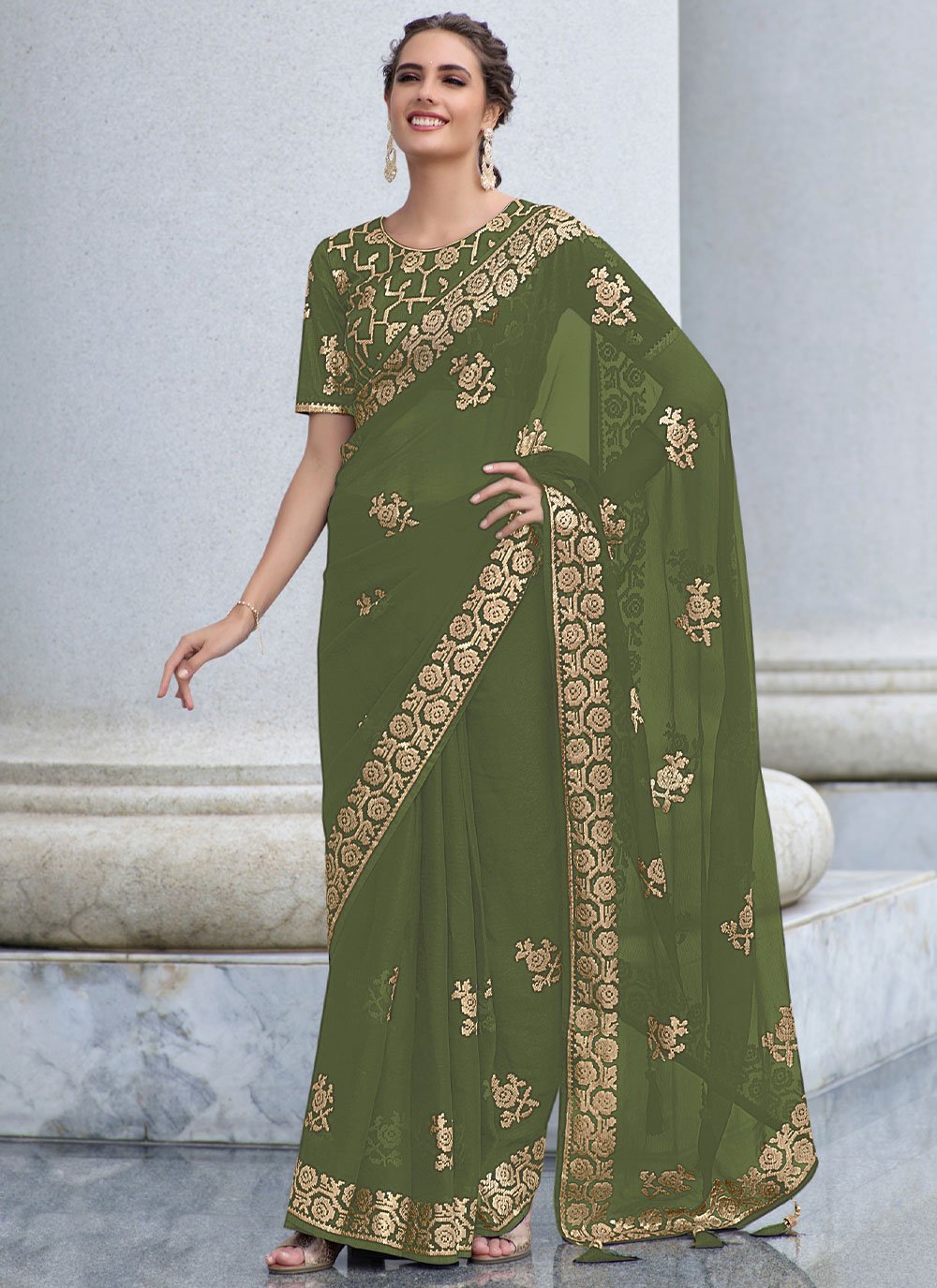 Contemporary Shimmer Georgette Green Sequins Saree