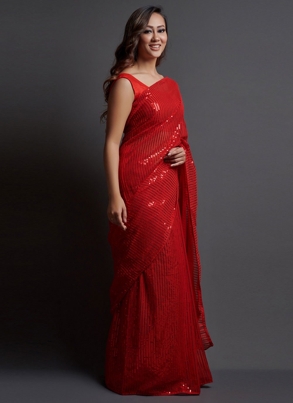 Classic Georgette Silk Red Embroidered Saree