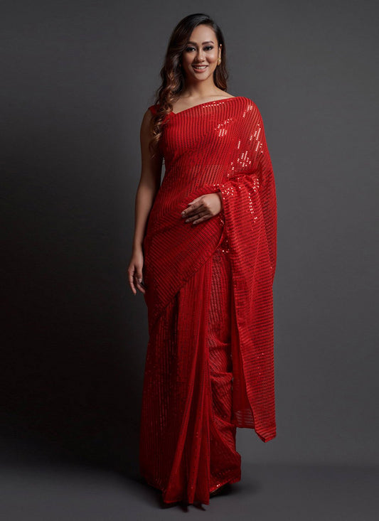 Classic Georgette Silk Red Embroidered Saree