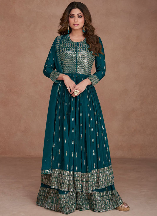 Anarkali Suit Georgette Teal Embroidered Salwar Kameez