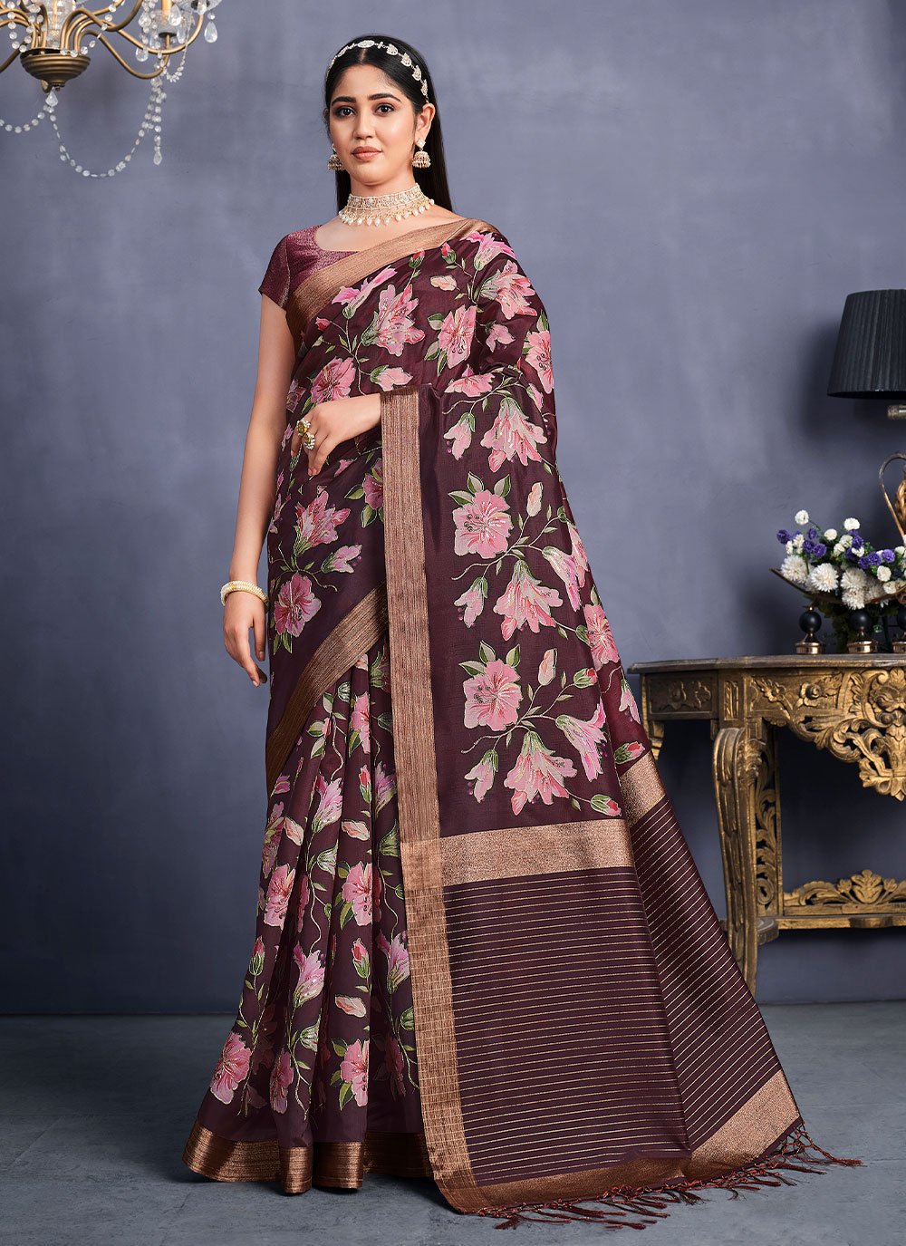 Traditional Saree Tussar Silk Purple Embroidered Saree