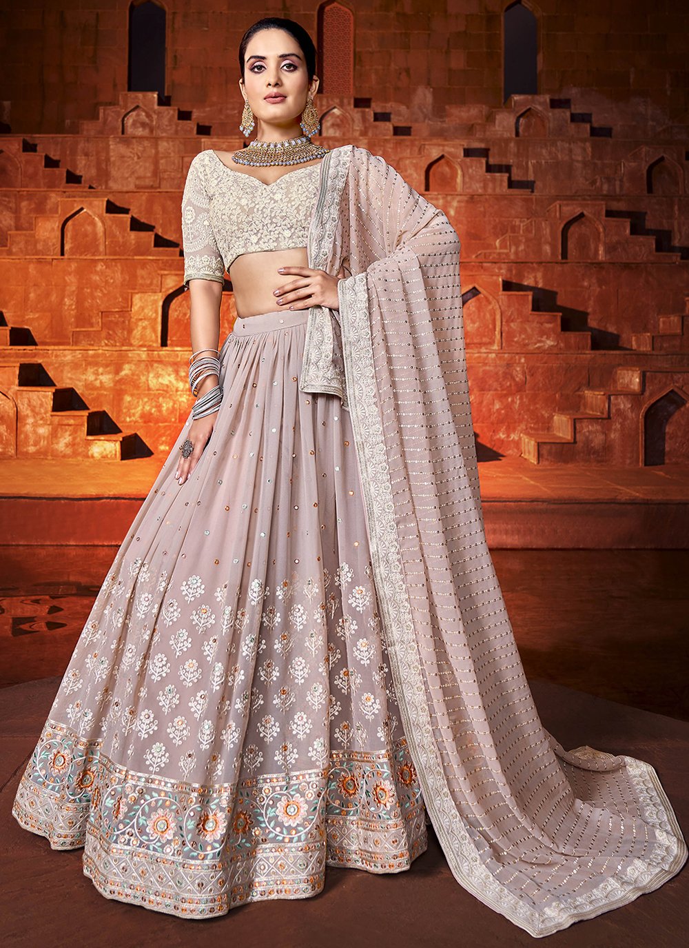 Lehenga Choli Georgette Mauve Embroidered Lehenga Choli