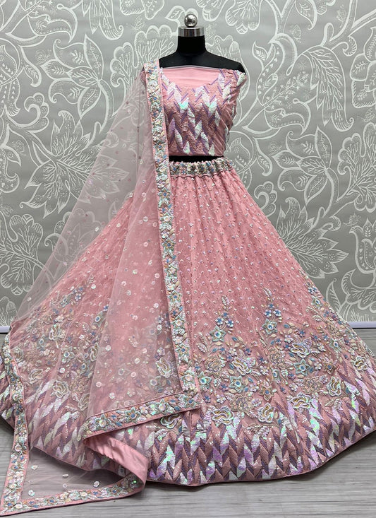 Lehenga Choli Net Pink Embroidered Lehenga Choli