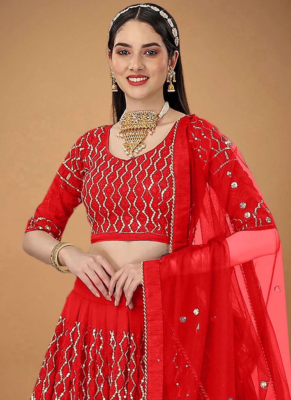 Lehenga Choli Faux Georgette Red Embroidered Lehenga Choli