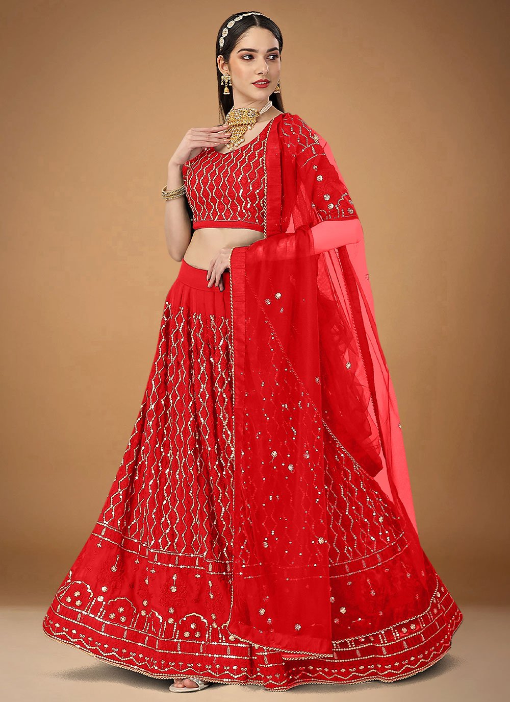 Lehenga Choli Faux Georgette Red Embroidered Lehenga Choli