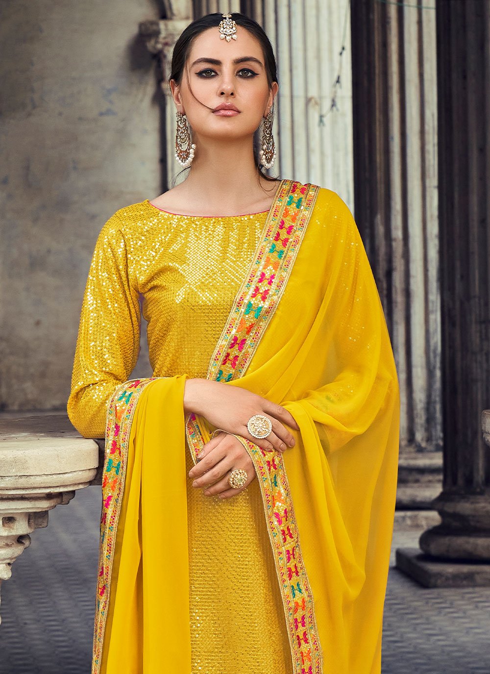 Salwar Suit Georgette Yellow Embroidered Salwar Kameez