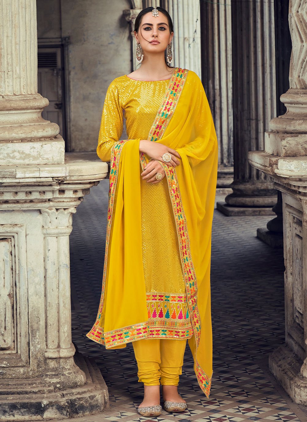 Salwar Suit Georgette Yellow Embroidered Salwar Kameez