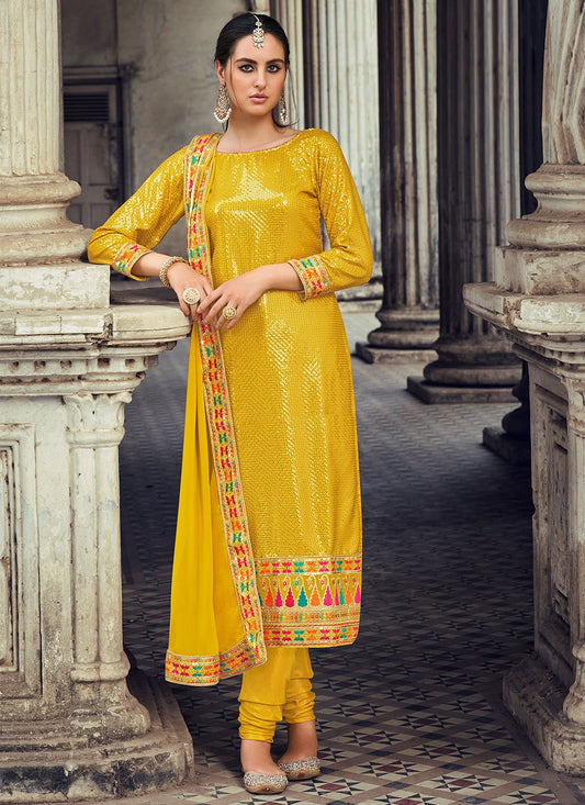 Salwar Suit Georgette Yellow Embroidered Salwar Kameez