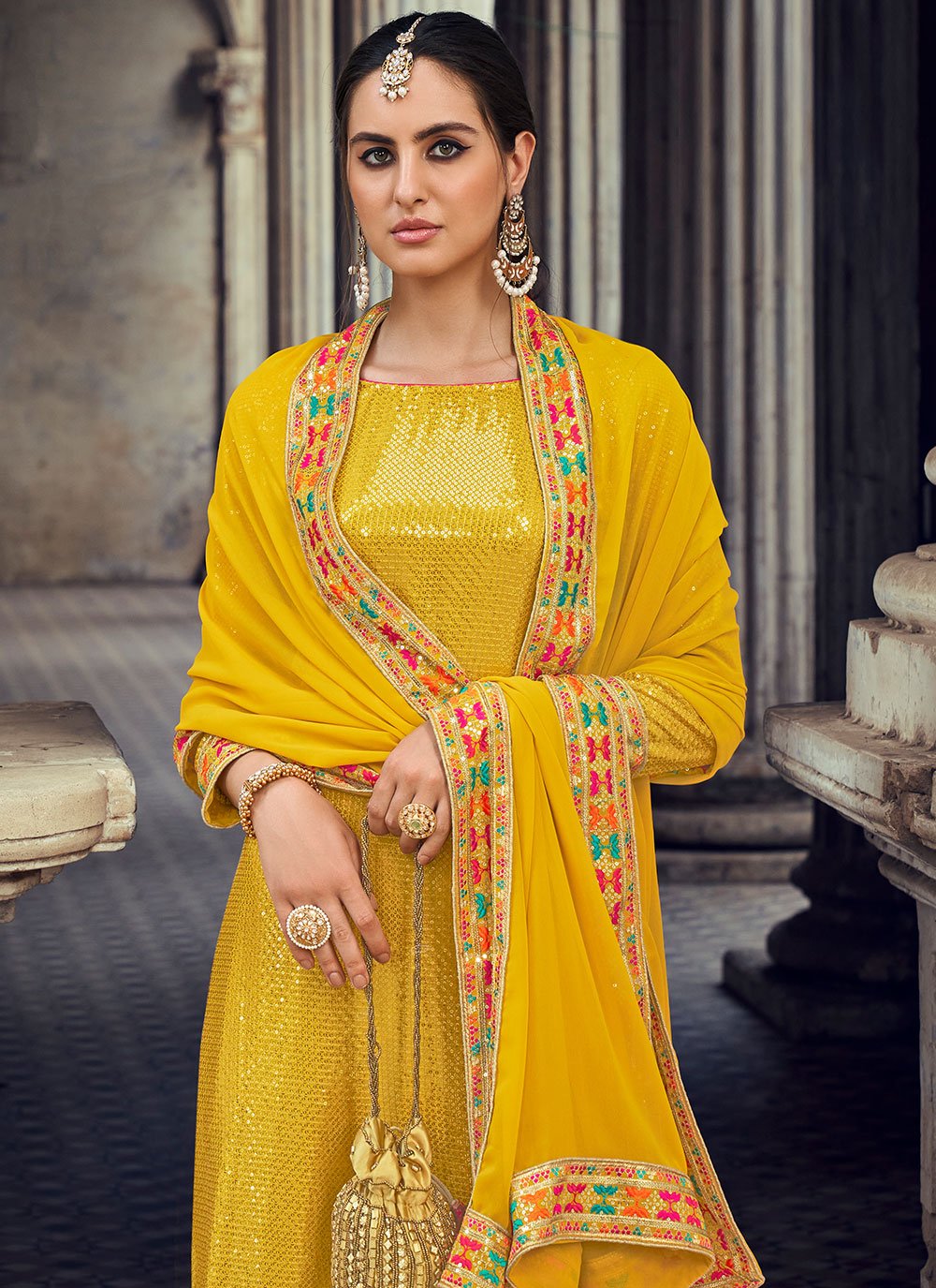 Salwar Suit Georgette Yellow Embroidered Salwar Kameez