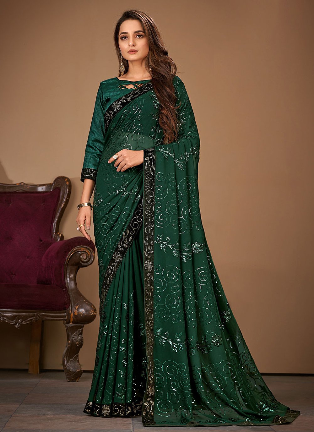 Trendy Saree Bembarg Georgette Green Patch Border Saree