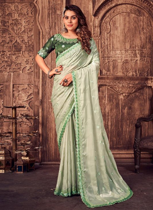 Trendy Saree Satin Silk Green Embroidered Saree