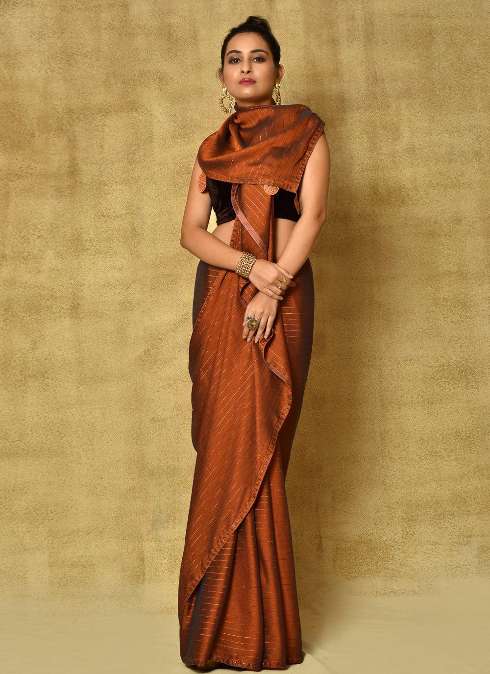 Trendy Saree Fancy Fabric Brown Digital Print Saree