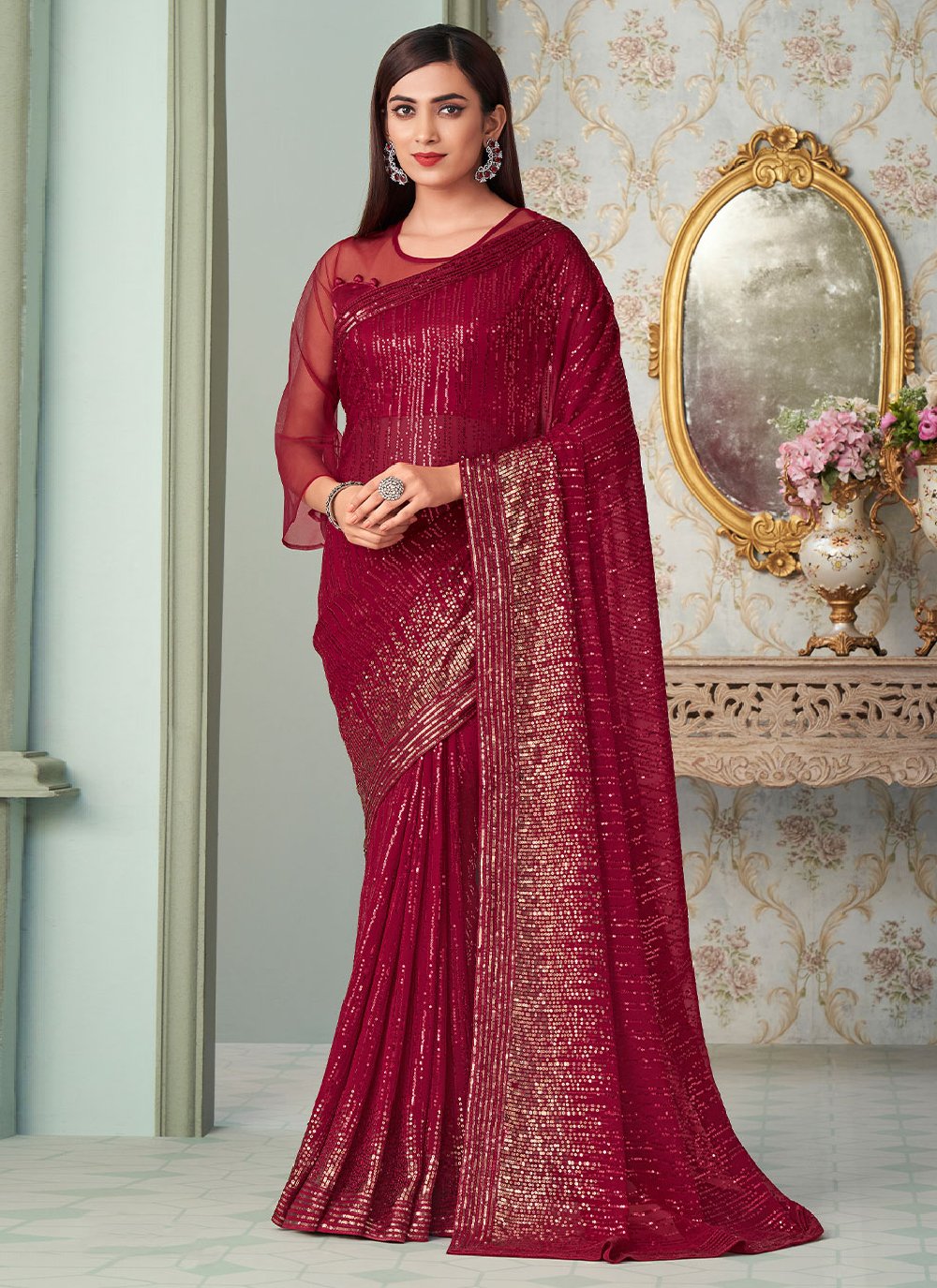 Trendy Saree Georgette Magenta Sequins Saree