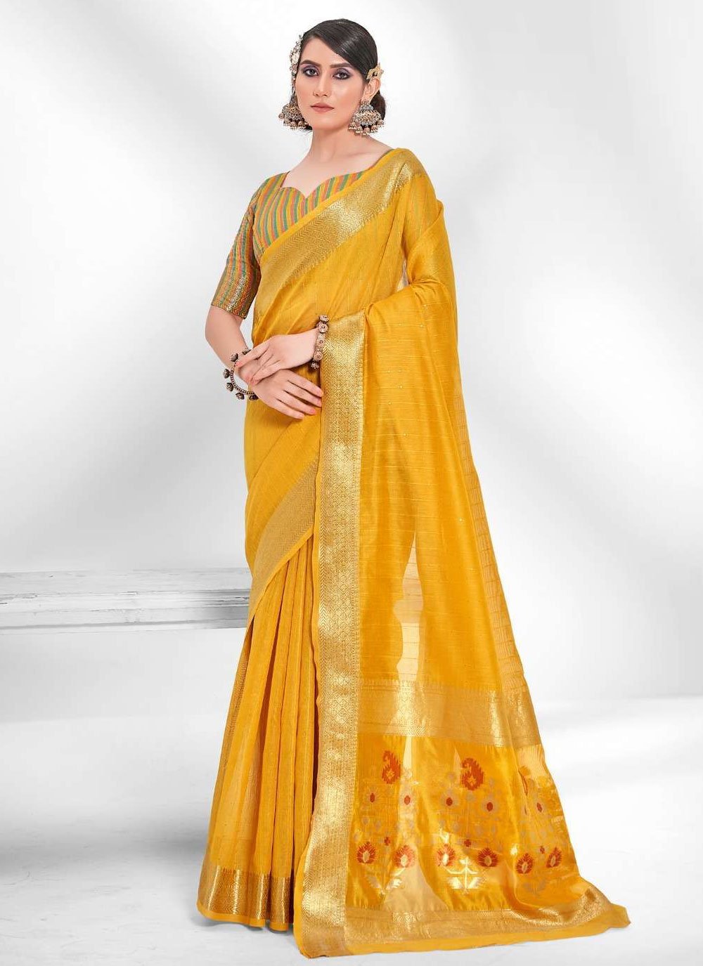 Trendy Saree Cotton Mustard Sequins Saree