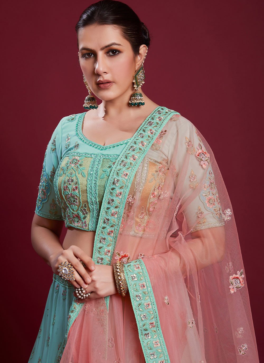 Lehenga Choli Georgette Turquoise Dori Work Lehenga Choli