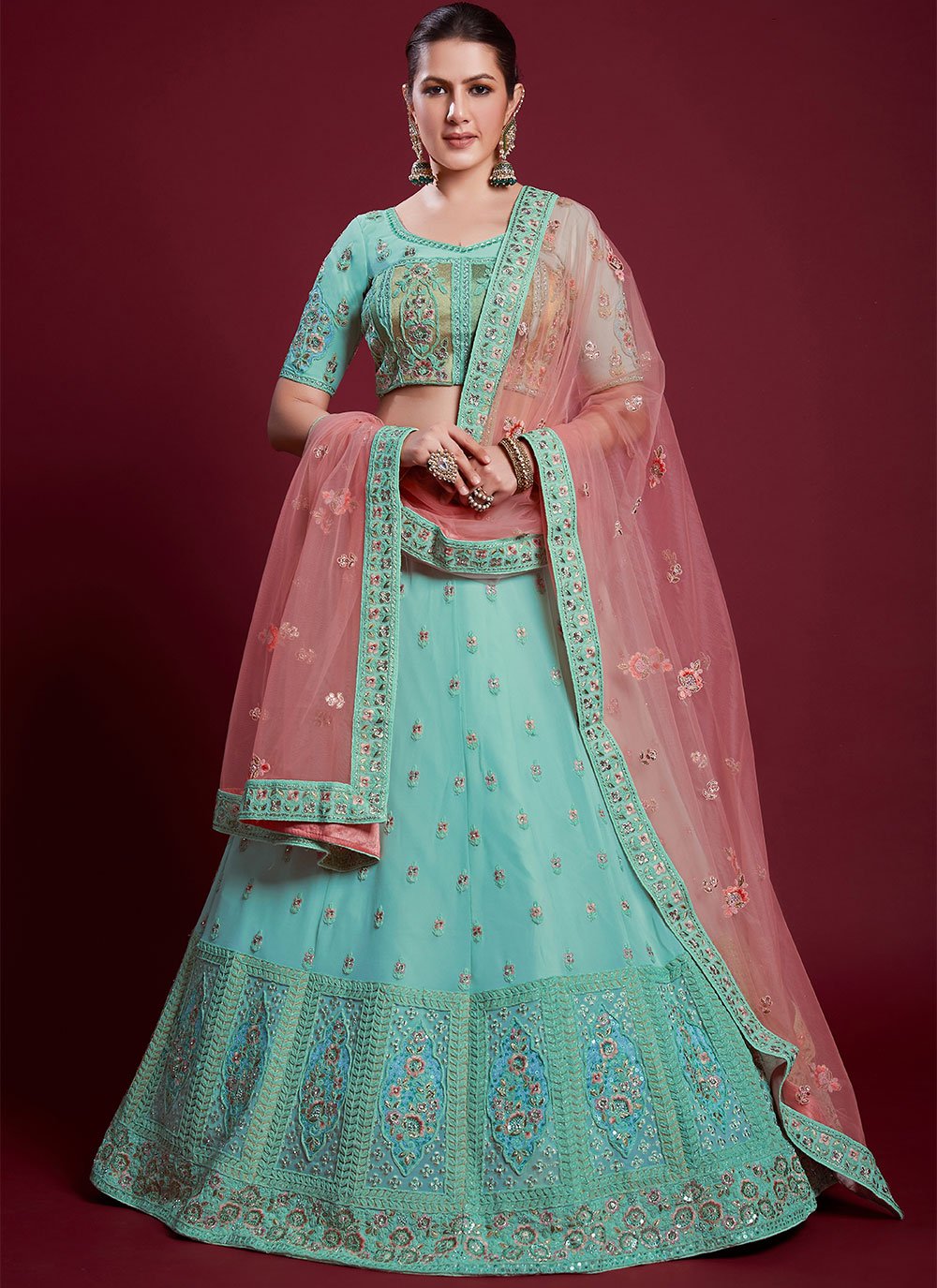 Lehenga Choli Georgette Turquoise Dori Work Lehenga Choli