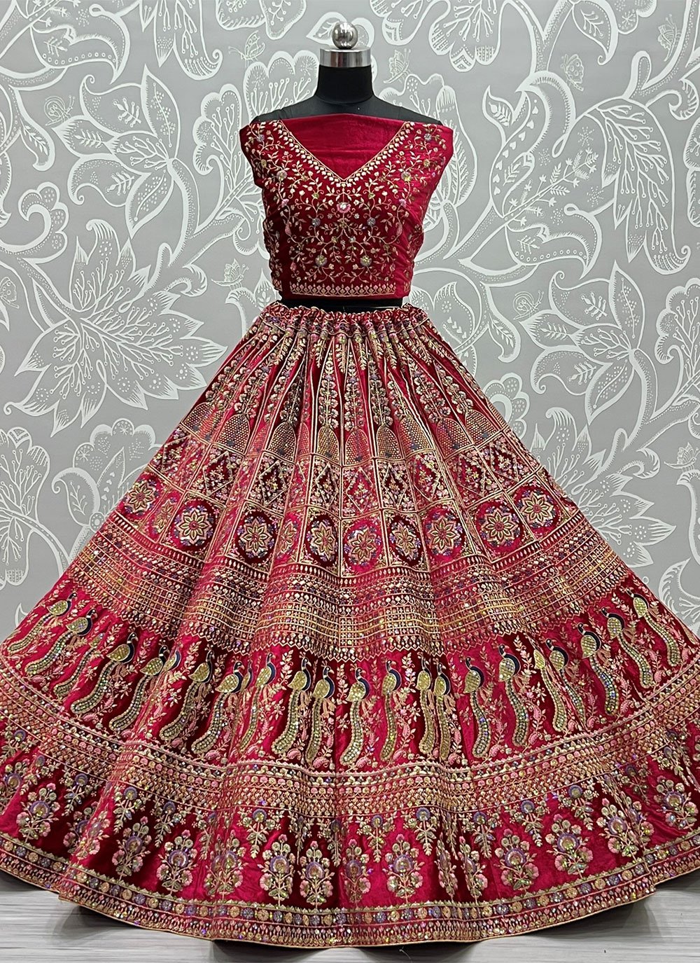 Lehenga Choli Velvet Pink Embroidered Lehenga Choli