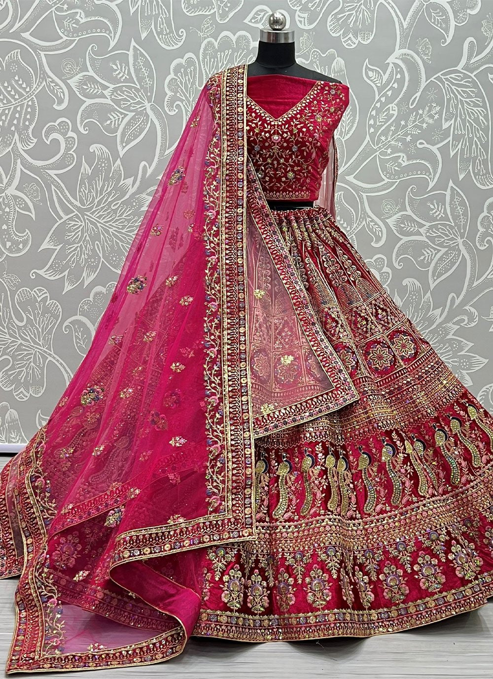 Lehenga Choli Velvet Pink Embroidered Lehenga Choli