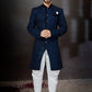 Indo Western Sherwani Velvet Black Blue Embroidered Mens