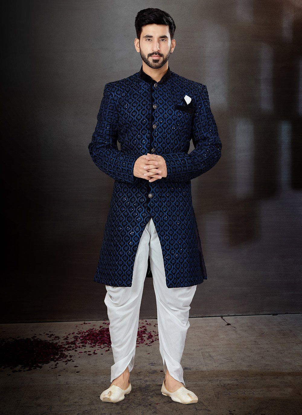 Indo Western Sherwani Velvet Black Blue Embroidered Mens