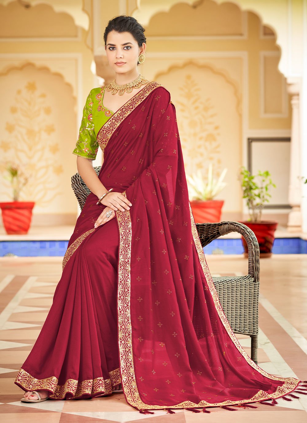 Contemporary Vichitra Silk Red Dori Work Saree