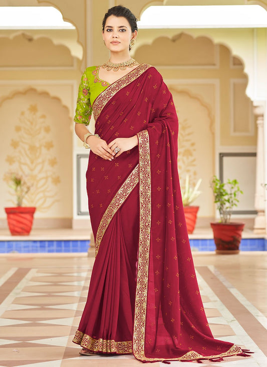 Contemporary Vichitra Silk Red Dori Work Saree