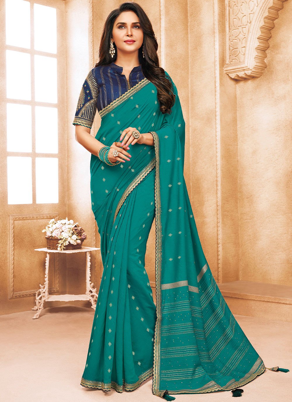 Classic Cotton Viscose Rama Patch Border Saree