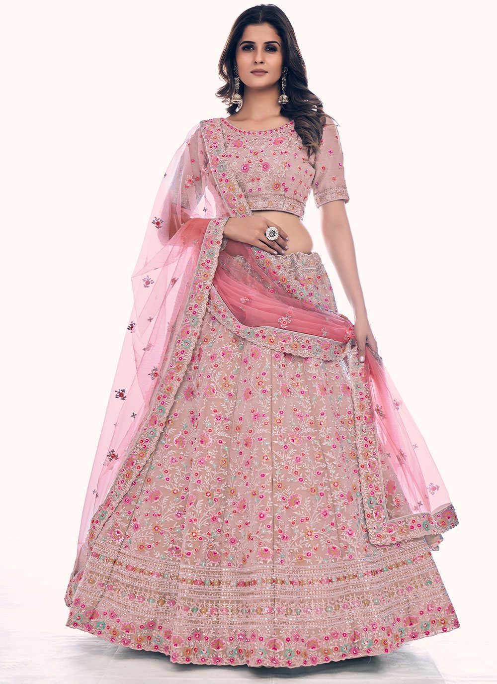 A Line Lehenga Net Pink Sequins Lehenga Choli