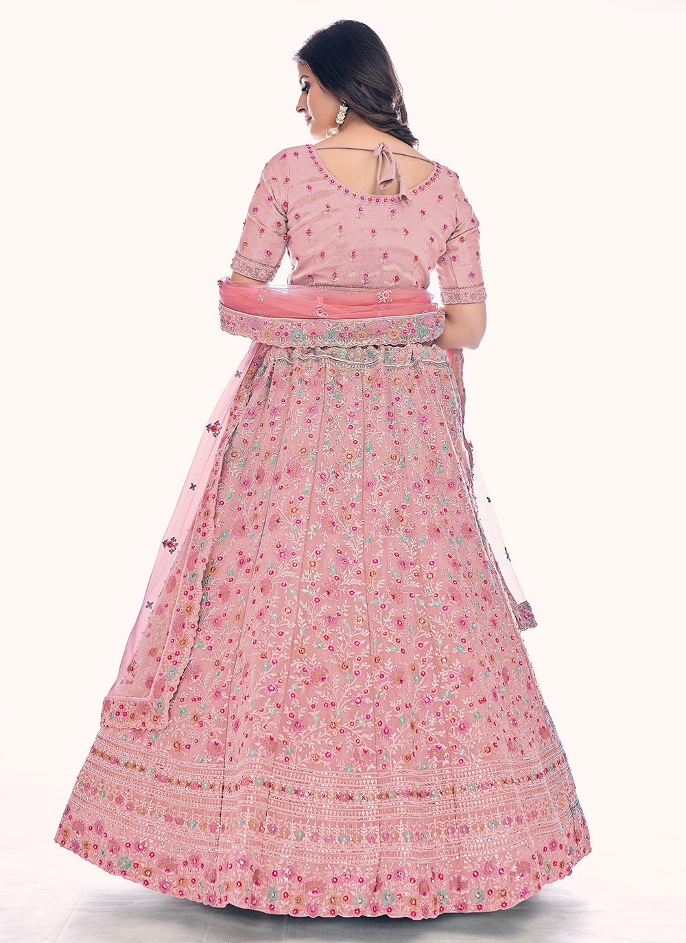 A Line Lehenga Net Pink Sequins Lehenga Choli