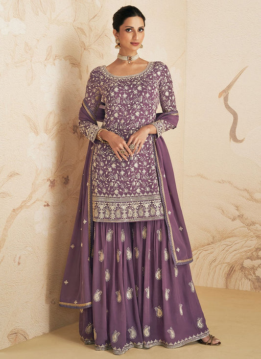 Palazzo Salwar Suit Chinon Georgette Lavender Sequins Salwar Kameez