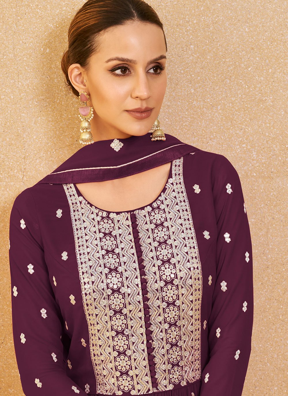 Salwar Suit Georgette Wine Embroidered Salwar Kameez