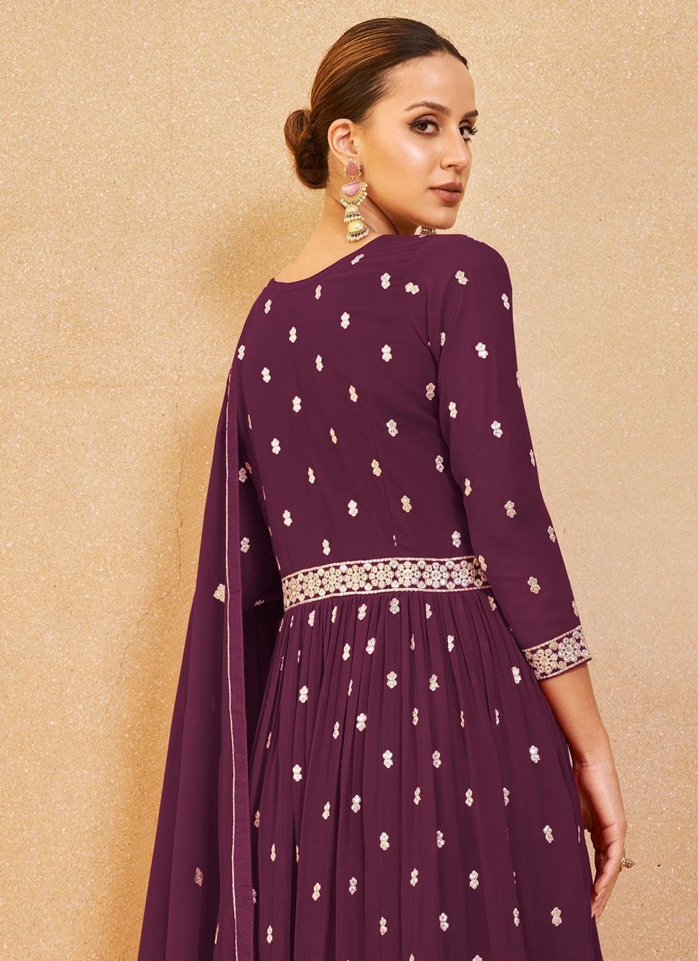 Salwar Suit Georgette Wine Embroidered Salwar Kameez