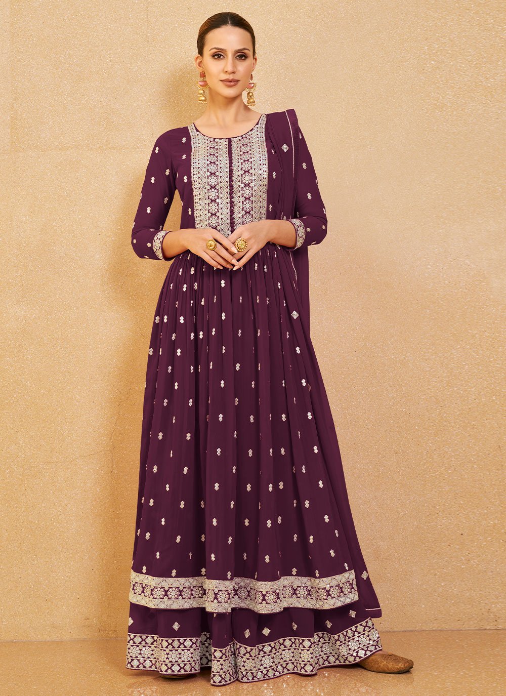 Salwar Suit Georgette Wine Embroidered Salwar Kameez