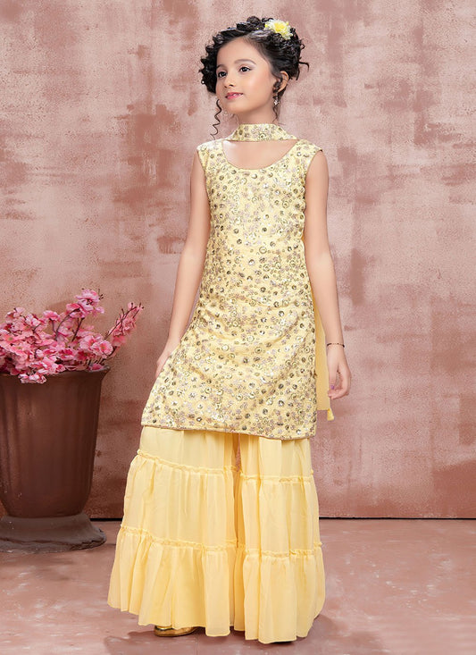 Salwar Suit Faux Georgette Yellow Sequins Kids