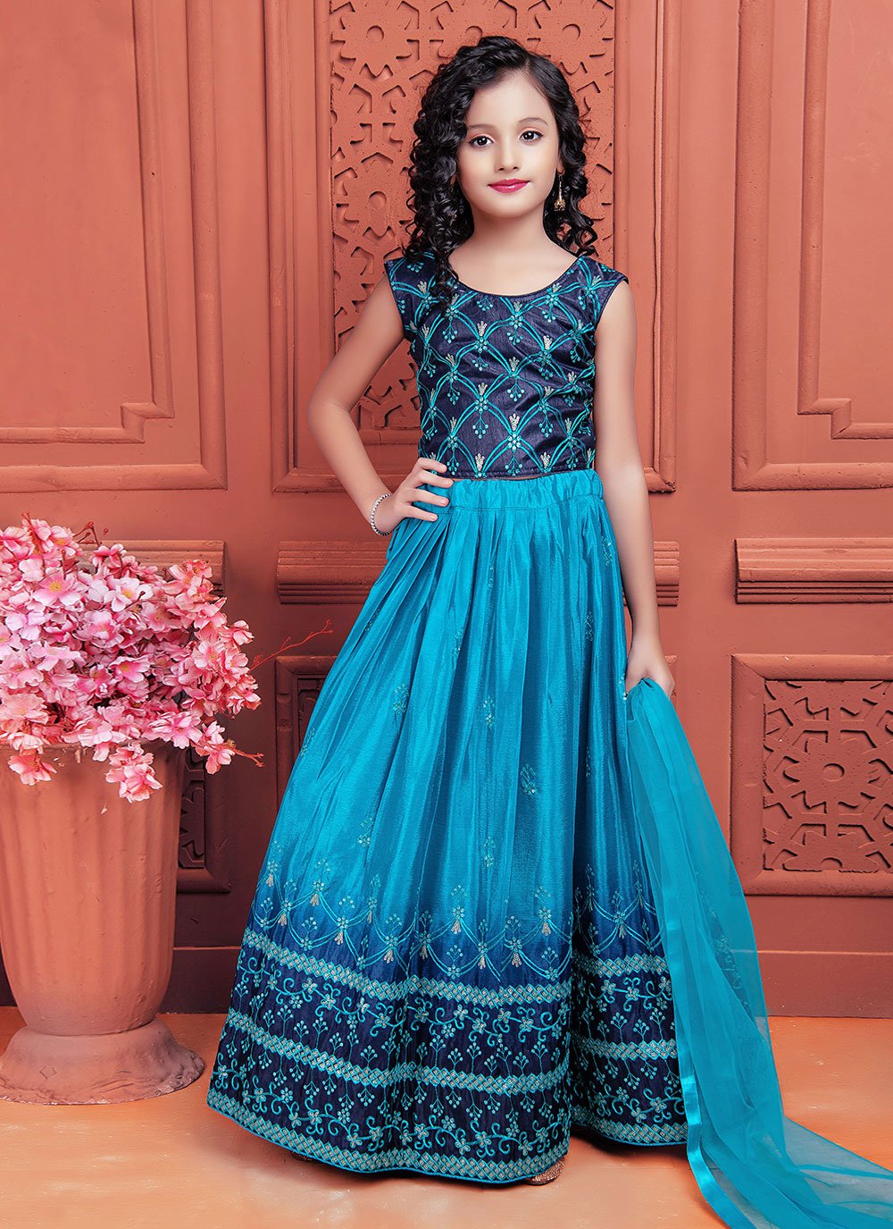 A Line Lehenga Chinon Aqua Blue Sequins Kids