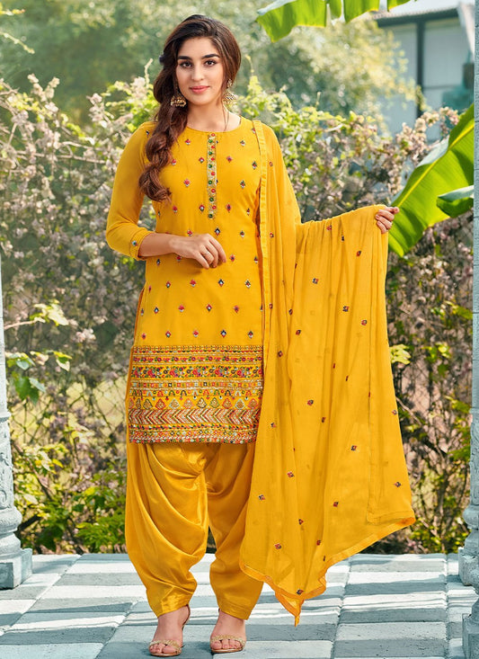 Patiala Suit Georgette Yellow Embroidered Salwar Kameez