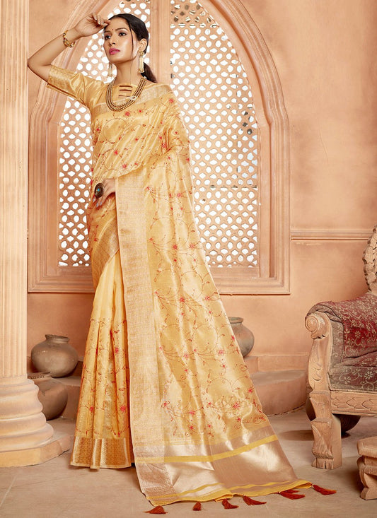 Trendy Saree Fancy Fabric Tissue Yellow Resham Saree