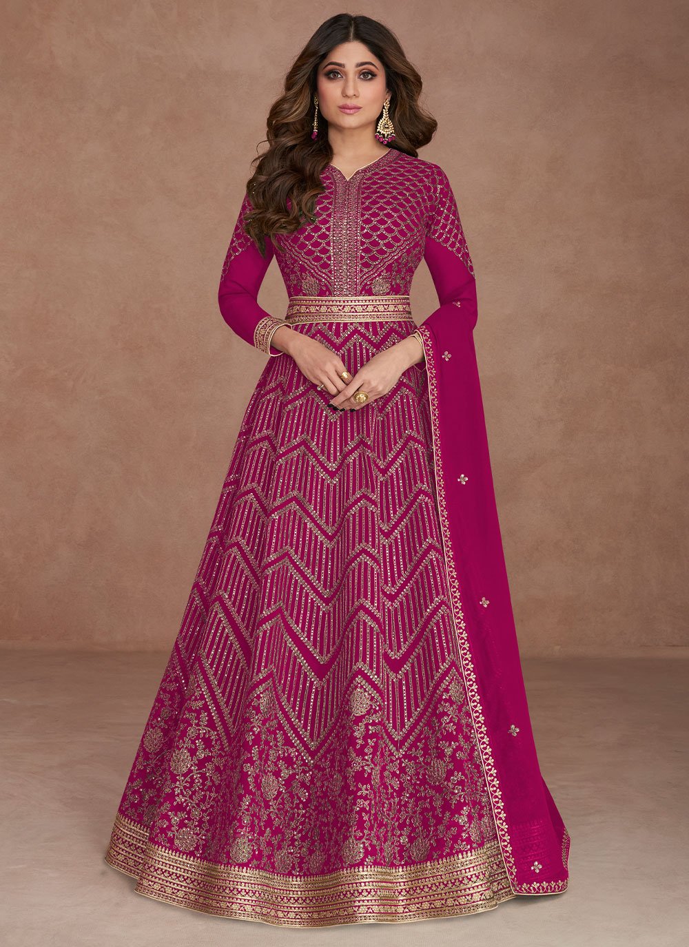 Gown Georgette Fuchsia Embroidered Gown