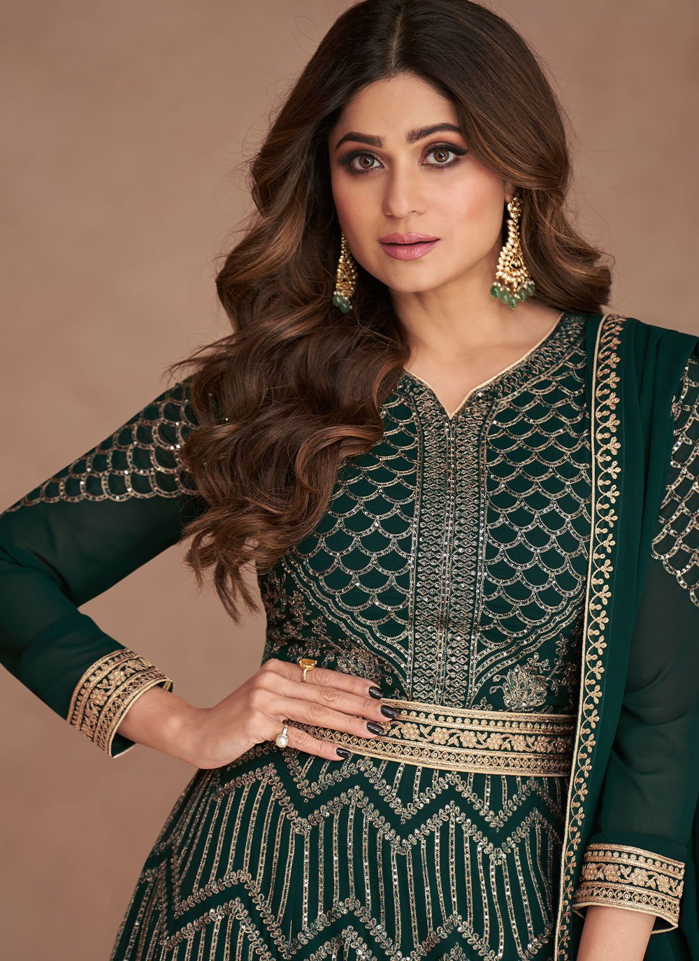 Gown Georgette Green Embroidered Gown