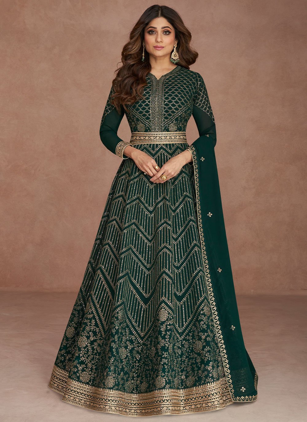 Gown Georgette Green Embroidered Gown