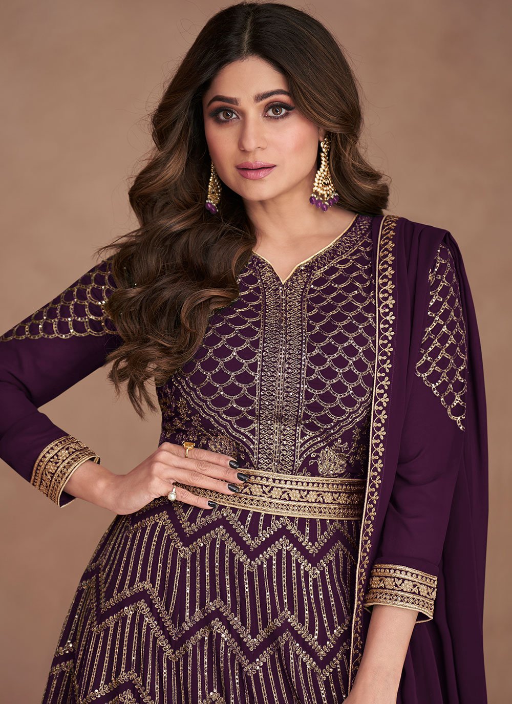 Gown Georgette Purple Embroidered Gown