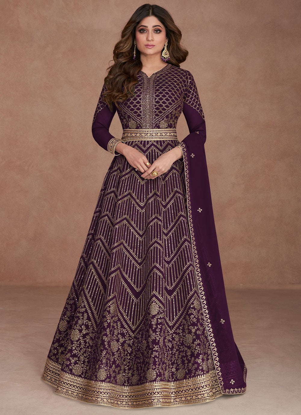 Gown Georgette Purple Embroidered Gown