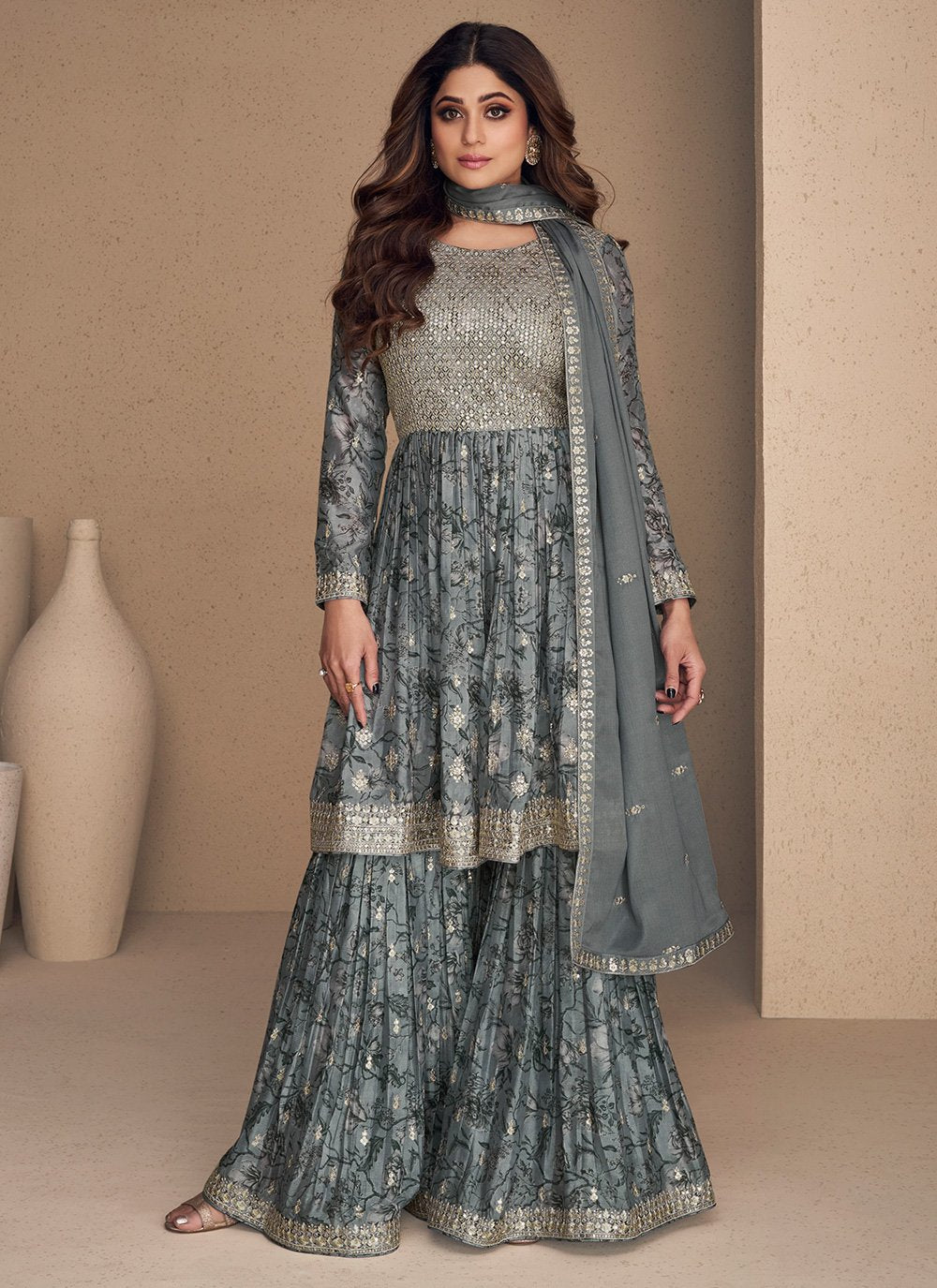 Salwar Suit Chinon Silk Grey Digital Print Salwar Kameez