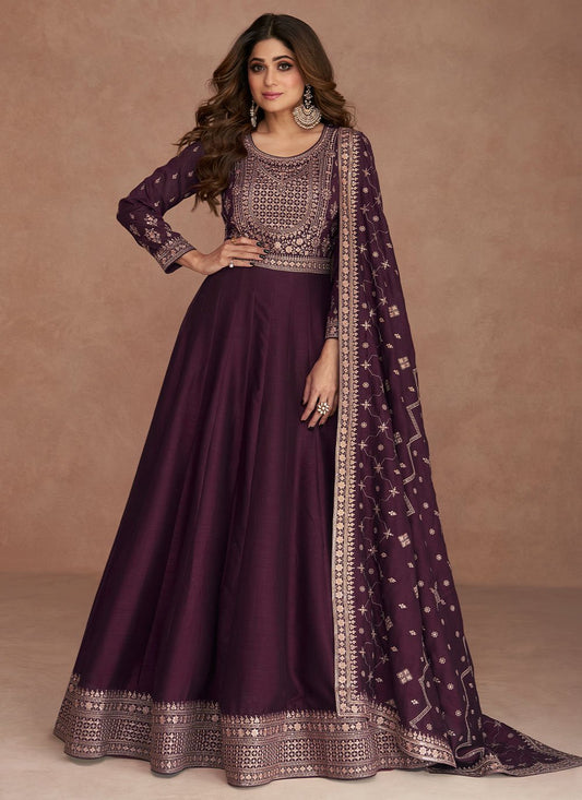 Designer Gown Silk Purple Embroidered Gown
