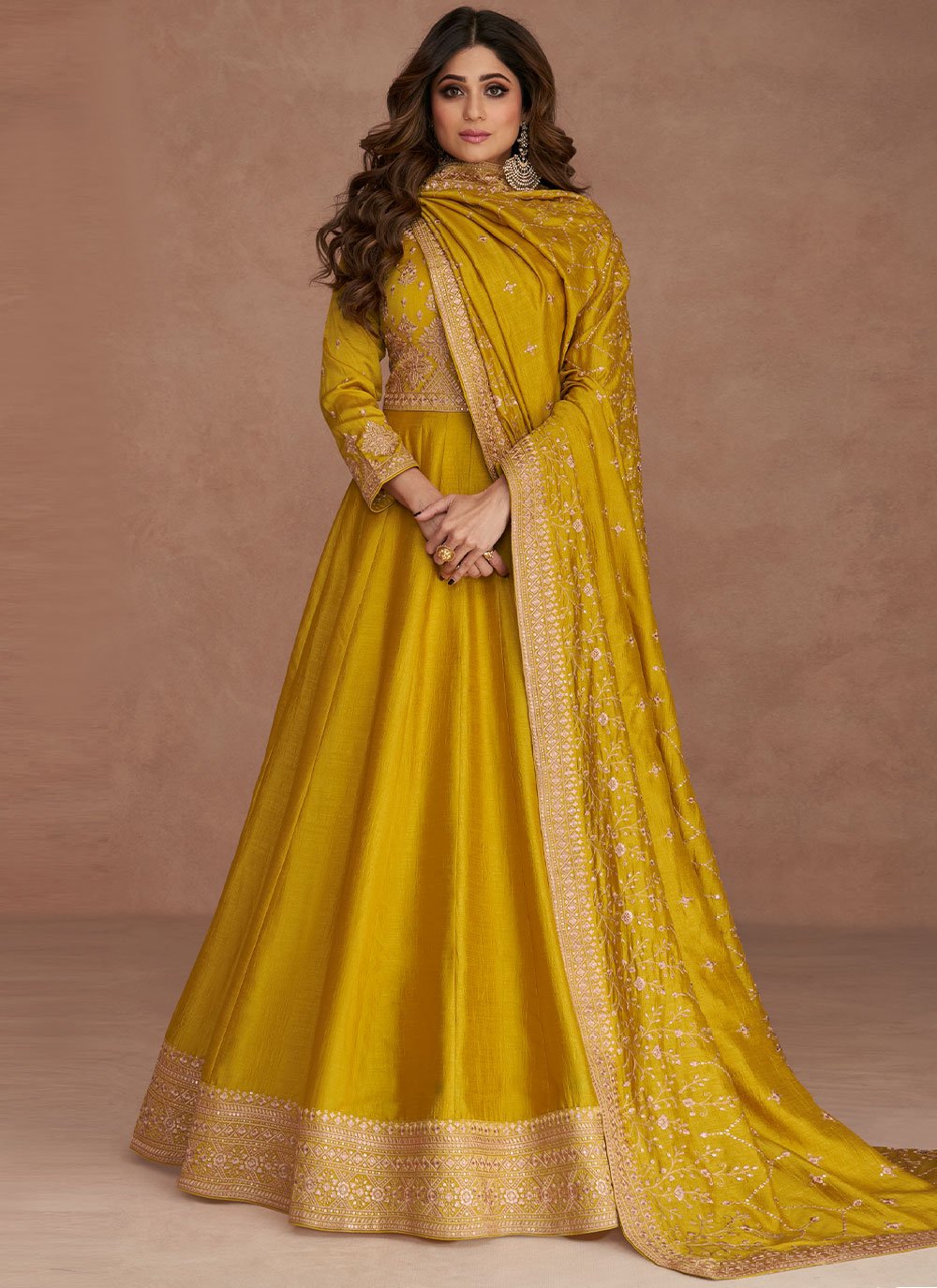 Gown Silk Mustard Embroidered Gown