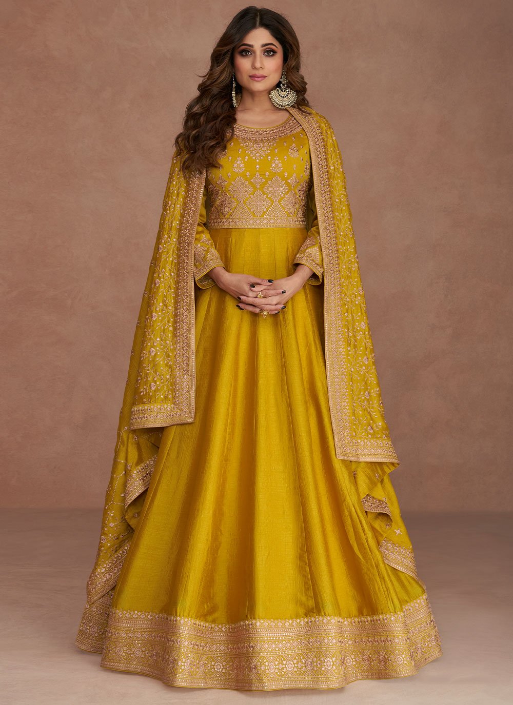 Gown Silk Mustard Embroidered Gown