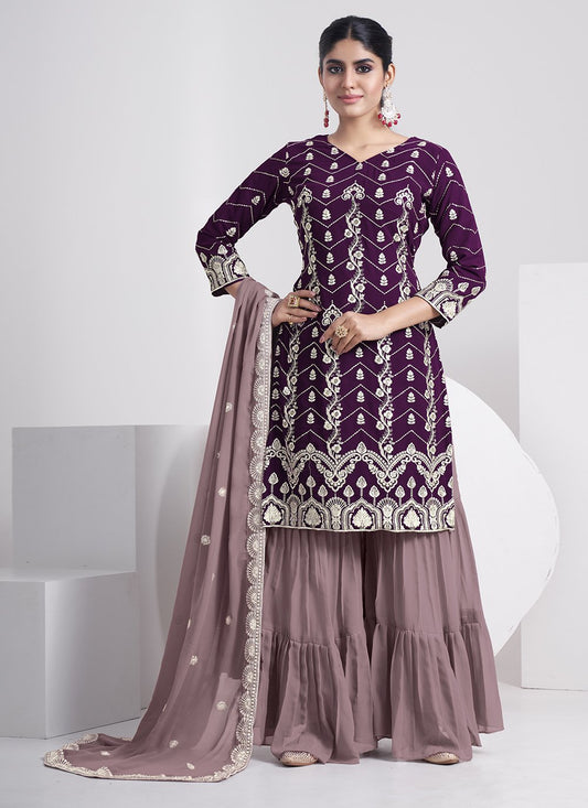 Sharara Set Faux Georgette Purple Embroidered Salwar Kameez