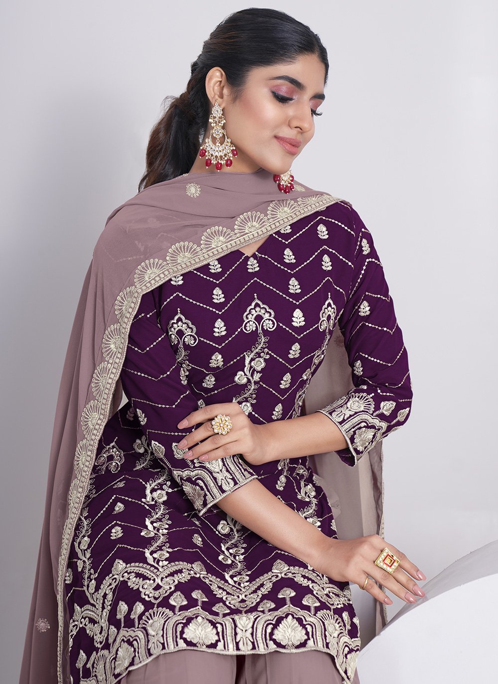 Sharara Set Faux Georgette Purple Embroidered Salwar Kameez