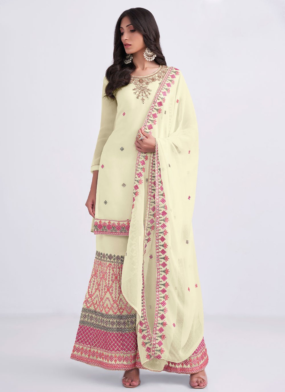 Sharara Set Georgette Cream Khatli Work Salwar Kameez