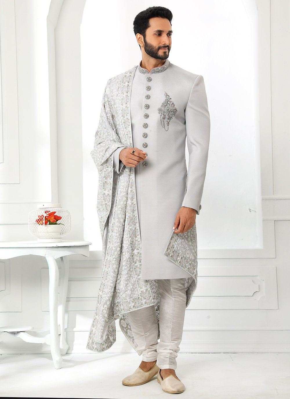 Sherwani Art Silk Grey Embroidered Mens